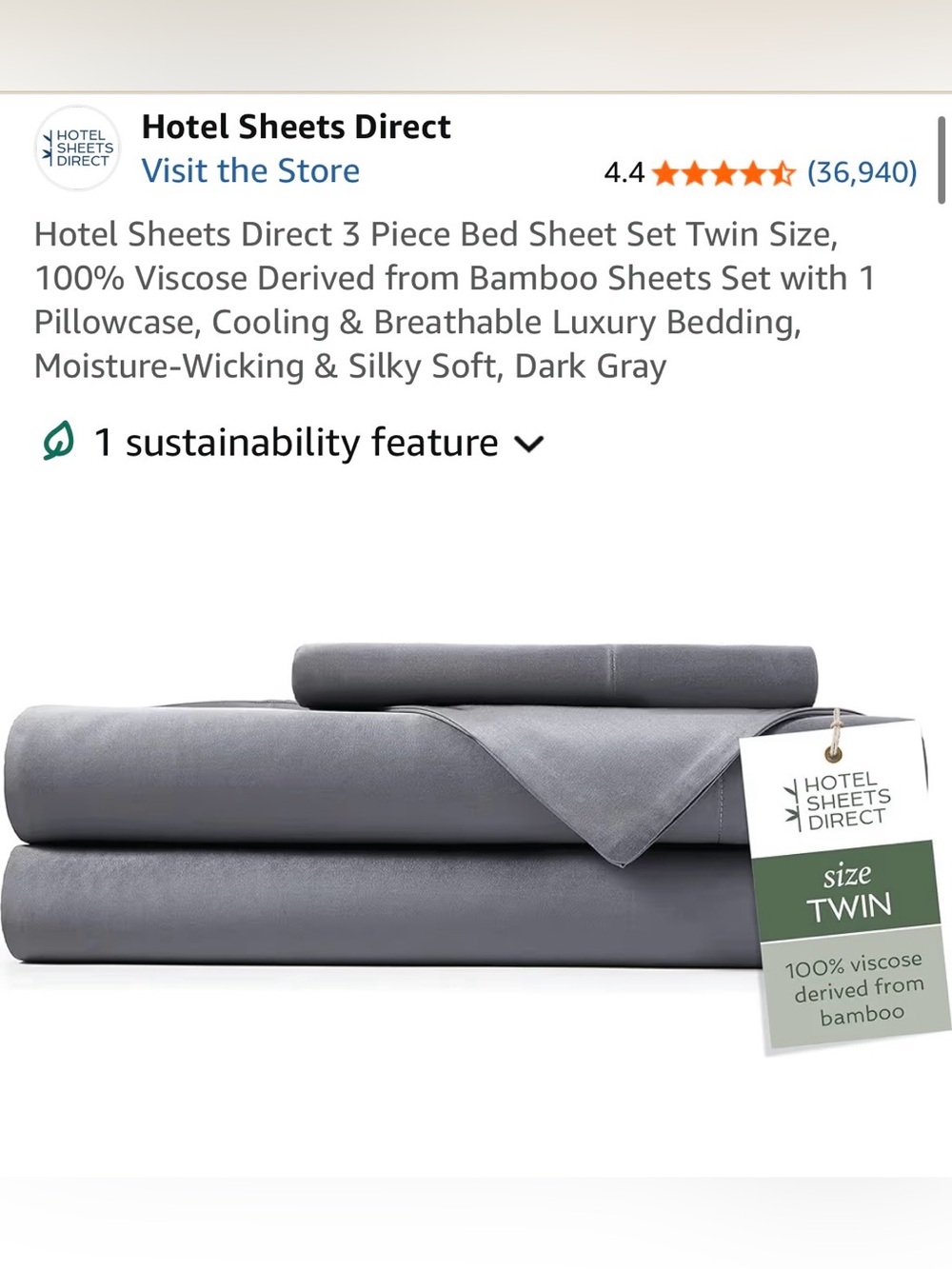 NWOT, Dark Gray Bamboo-Viscose Twin Sheet Set